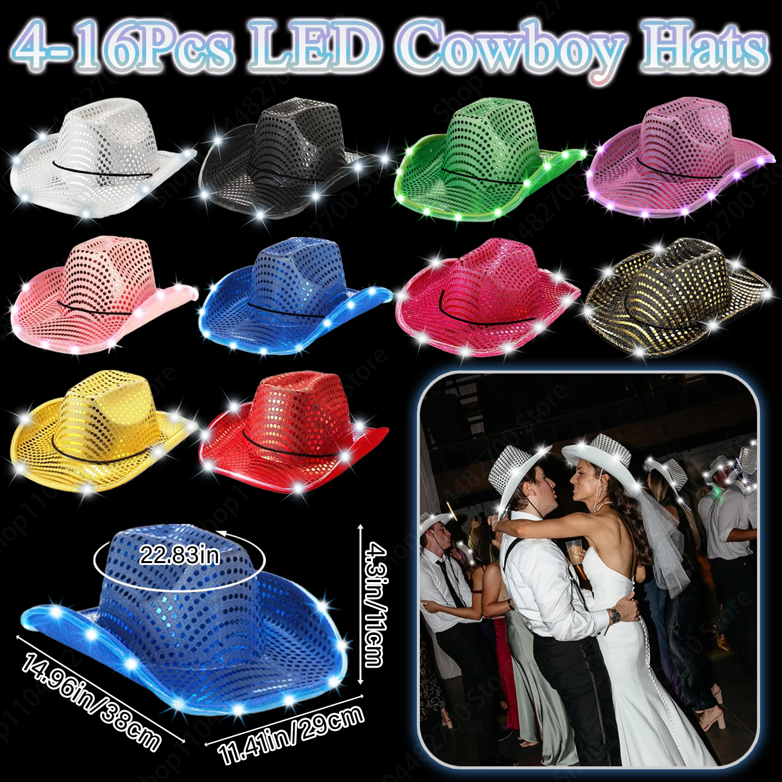 Party Hat Cone - 4/6/8/10/12/16Pcs LED Cowboy Hats Bulk for